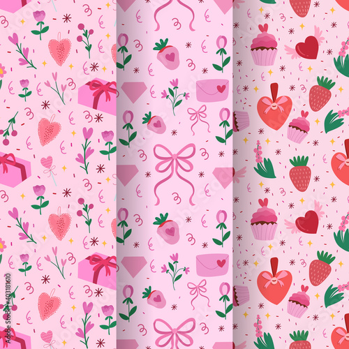 Collection of romantic seamless pattern for Valentines Day. Vector hand drawn illustration.
