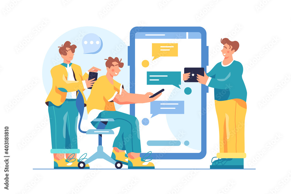 A group of guys are engaged in correspondence in a general chat on a large mobile phone, the guy is sitting on a chair with a phone isolated on a white background, flat vector illustration