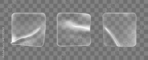 Transparent glued crumpled square stickers mock up set. Blank adhesive transparent paper or plastic sticker label with curled and wrinkled effect. 3d realistic vector icon
