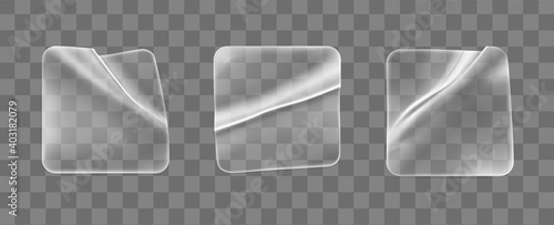 Transparent glued crumpled square stickers mock up set. Blank adhesive transparent paper or plastic sticker label with curled and wrinkled effect. 3d realistic vector icon