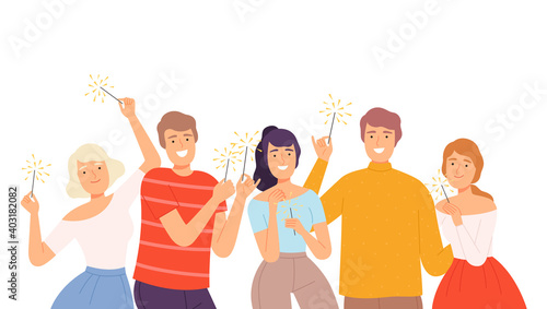 Happy People Holding Burning Sparklers, Joyful Guys and Girls Celebrating Christmas, Birthday Holidays Events Cartoon Style Vector Illustration