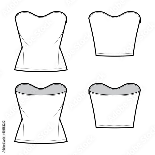 Set of Tops strapless scoop neckline technical fashion illustration with slim fit, crop, tunic length. Flat apparel shirt outwear template front, back, white color. Women men unisex CAD mockup