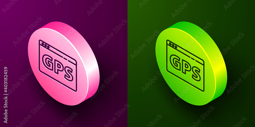 Isometric line Gps device with map icon isolated on purple and green background. Circle button. Vector Illustration. Isometric line Gps device with map icon isolated on purple and green background. Circle button. Vector Illustration.