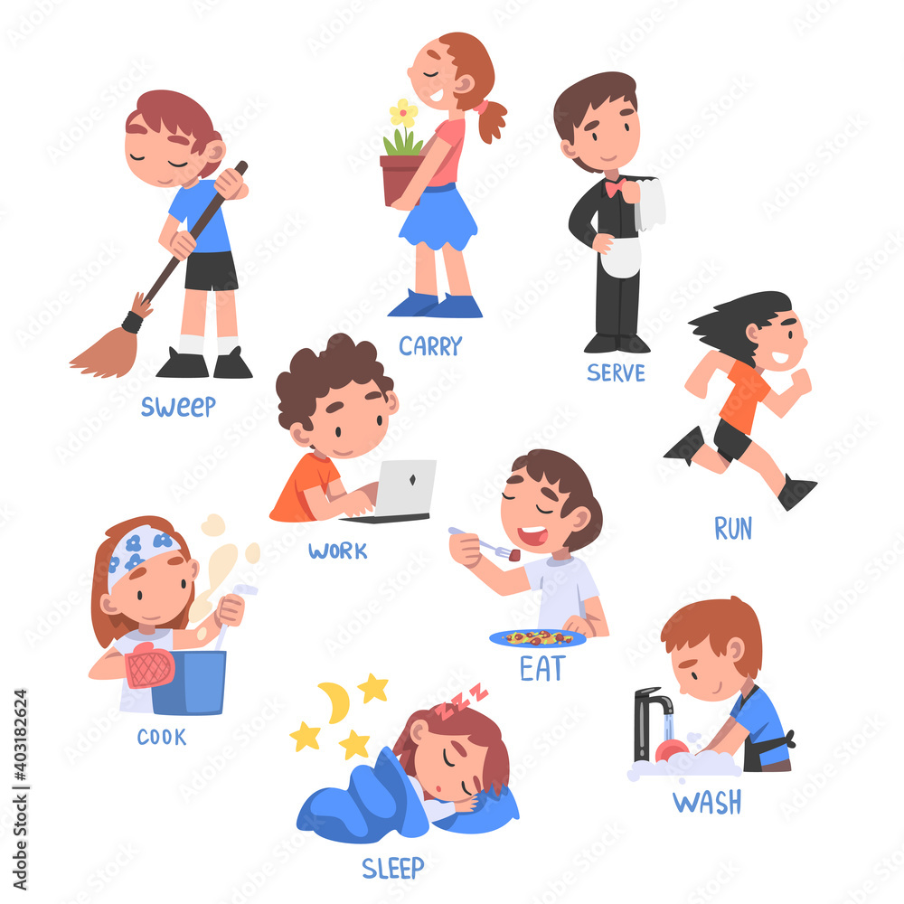 Action Verbs Set, Children Education Concept, Cute Kids Doing Activities Cartoon Style Vector Illustration Action Verbs Set, Children Education Concept, Cute Kids Doing Activities Cartoon Style Vector Illustration
