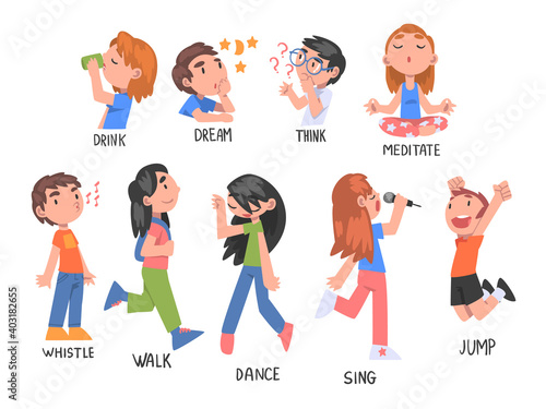 Verbs Expressing Actions Set, Children Education Concept, Cute Kids Doing Activities Cartoon Style Vector Illustration
