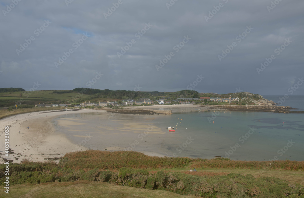 Coastal Settlement and Beach at Old Grimsby on the Island of Tresco in the Isles of Scilly, England, UK