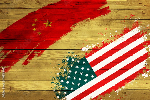 Trade war between United states of america VS China. flag on wooden background. Confliction and crisis concept photo