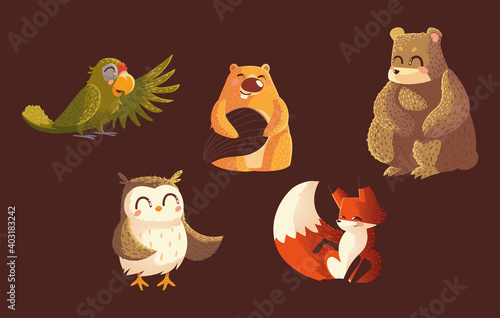 parrot bear beaver owl and fox wildlife cartoon animals brown background