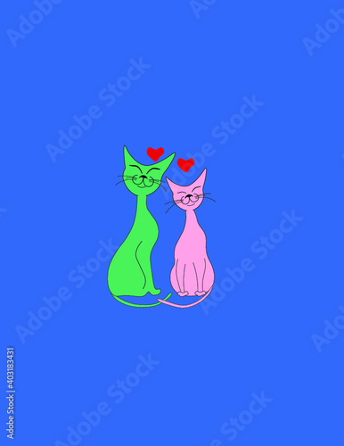 Una simpatica coppia di gatti innamorati lui verde e lei rosa con cuoricini su sfondo blu per copertina libro siario agenda cover telefono