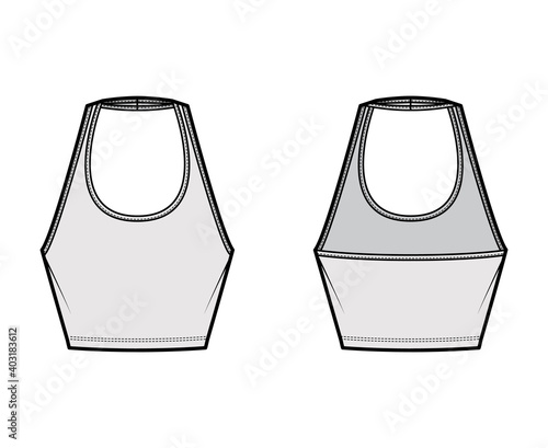 Tank halter scoop neck Crop top technical fashion illustration with slim fit, waist length. Flat apparel outwear template front, back, grey color. Women men unisex CAD mockup