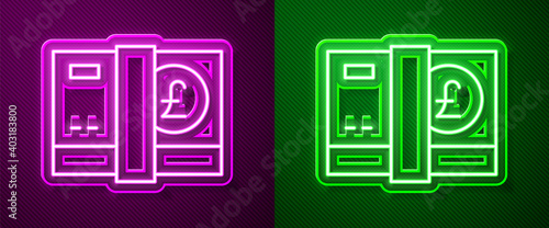 Glowing neon line Pound sterling money icon isolated on purple and green background. Pound GBP currency symbol. Vector.