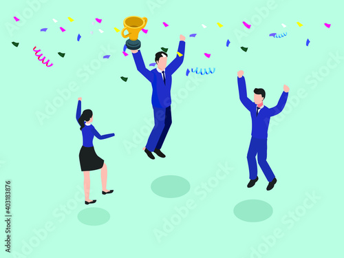 Success business team lifting a trophy isometric 3d vector concept for banner  website  illustration  landing page  flyer  etc.