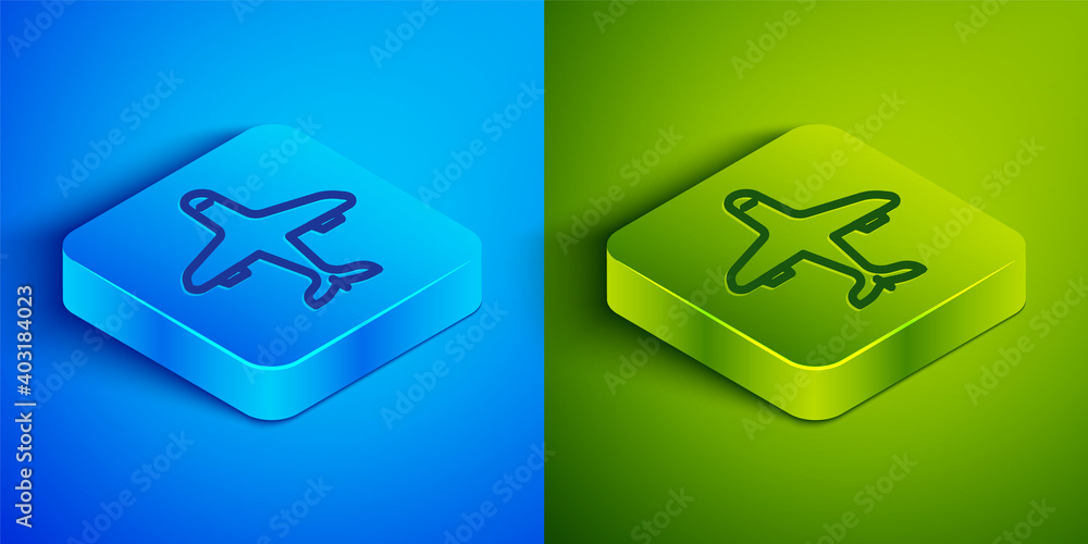Isometric line Plane icon isolated on blue and green background. Flying airplane icon. Airliner sign. Square button. Vector. Isometric line Plane icon isolated on blue and green background. Flying airplane icon. Airliner sign. Square button. Vector.