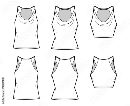 Set of Tanks low cowl Crop Camisoles technical fashion illustration with thin adjustable straps, slim, oversized fit, waist, crop length. Flat outwear top template front, back. Women men CAD mockup