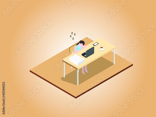 Female student asleep while working isometric 3d vector concept for banner, website, illustration, landing page, flyer, etc.