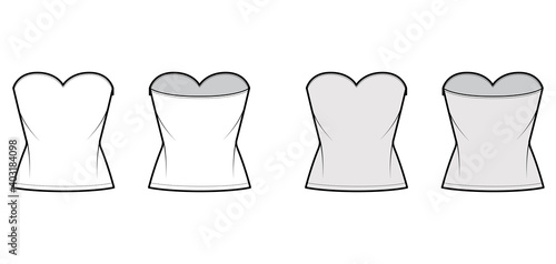 Top crop strapless sweetheart neckline technical fashion illustration with slim fit, waist length. Flat apparel shirt outwear template front, back, white, grey color. Women men unisex CAD mockup