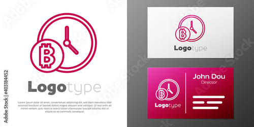 Logotype line Cryptocurrency coin Bitcoin with clock icon isolated on white background. Physical bit coin. Blockchain based secure crypto currency. Logo design template element. Vector.