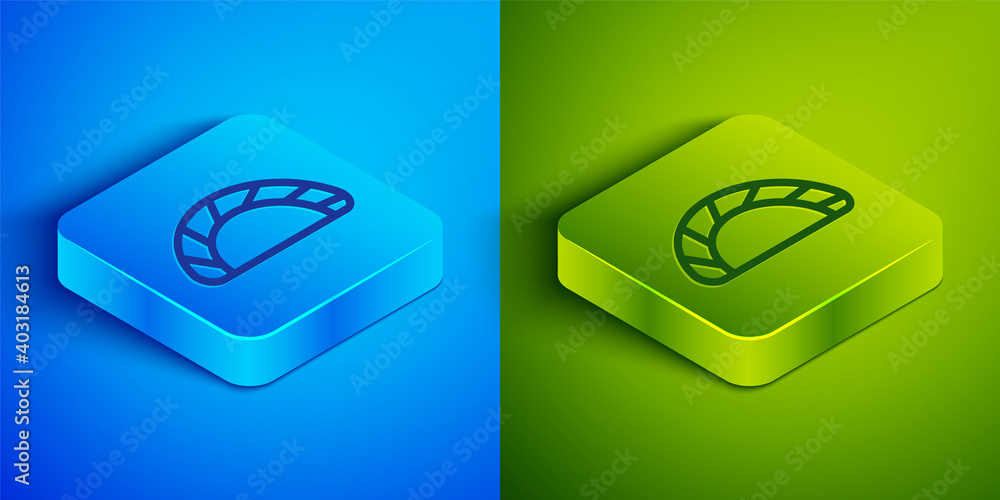 Isometric line Dumpling icon isolated on blue and green background. Traditional chinese dish. Square button. Vector. Isometric line Dumpling icon isolated on blue and green background. Traditional chinese dish. Square button. Vector.