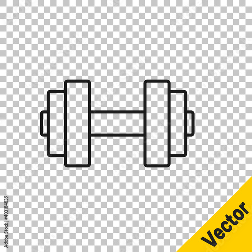 Black line Dumbbell icon isolated on transparent background. Muscle lifting icon, fitness barbell, gym, sports equipment, exercise bumbbell. Vector.