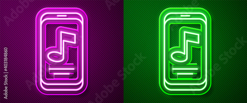 Glowing neon line Music player icon isolated on purple and green background. Portable music device. Vector.