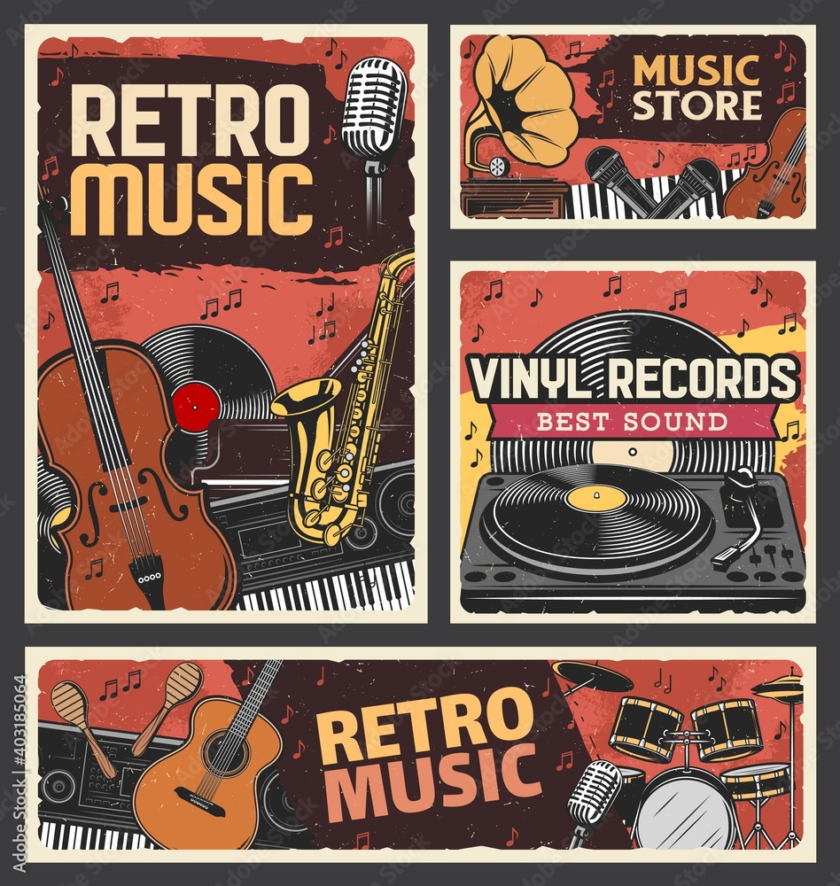 Plakat Retro music store and vinyl records shop banner. Music instruments, recording and playback equipment. Violin, saxophone and synthesizer, piano, guitar and maraca, vinyl discs turntable engraved vector
