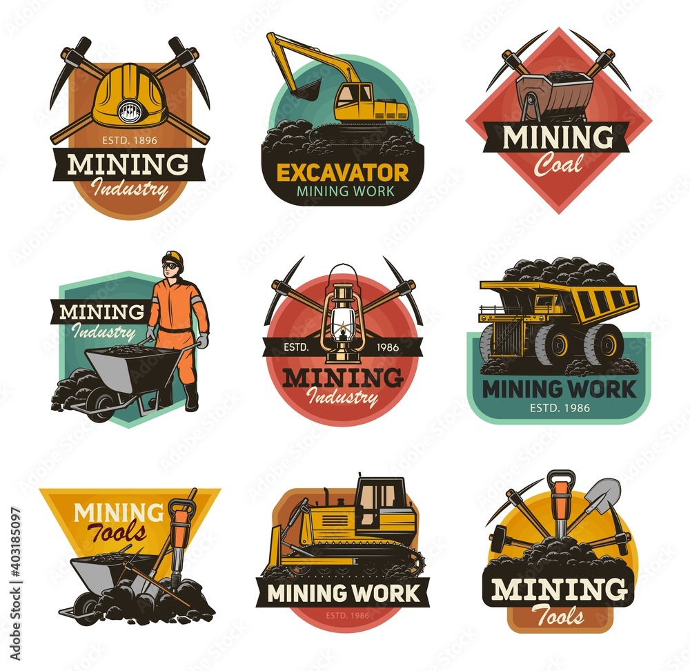 Coal mining industry isolated vector icons set Mine machinery and miner ...