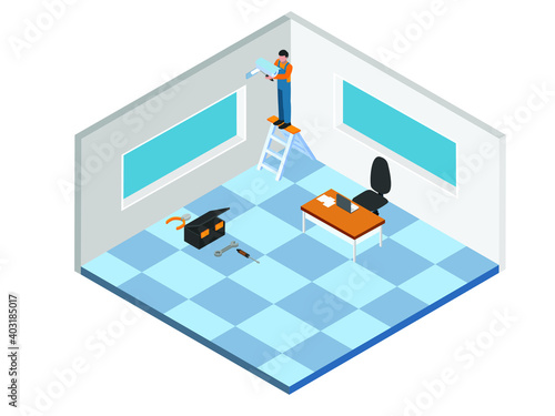 Technician fixing lights at home isometric 3d vector concept for banner, website, illustration, landing page, flyer, etc.