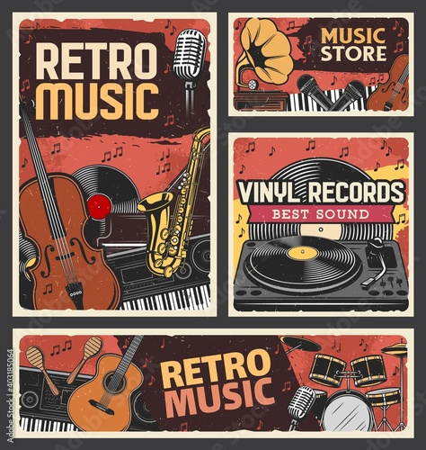 Retro music store and vinyl records shop banner. Music instruments, recording and playback equipment. Violin, saxophone and synthesizer, piano, guitar and maraca, vinyl discs turntable engraved vector