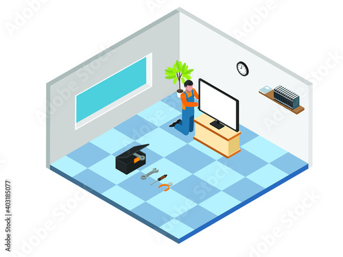 Technician fixing television isometric 3d vector concept for banner, website, illustration, landing page, flyer, etc.