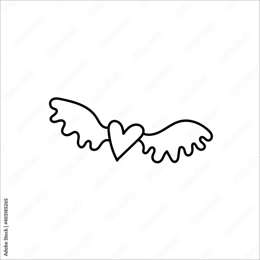 Heart with wings. Hand drawn doodle symbol of Sain Valentine s Day. Black stroke. Vector illustration isolated on white background Heart with wings. Hand drawn doodle symbol of Sain Valentine s Day. Black stroke. Vector illustration isolated on white background