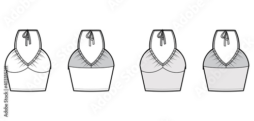 Top crop V-neck halter tank technical fashion illustration with empire seam, thin tieback, slim fit, bow, waist length. Flat outwear template front, back, white grey color. Women men unisex CAD mockup