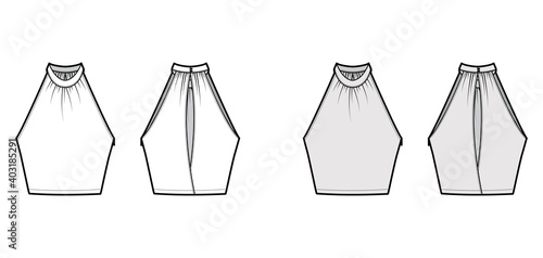 Top crop banded high neck halter tank technical fashion illustration with wrap, slim fit, waist length. Flat apparel outwear template front, back, white, grey color. Women men unisex CAD mockup