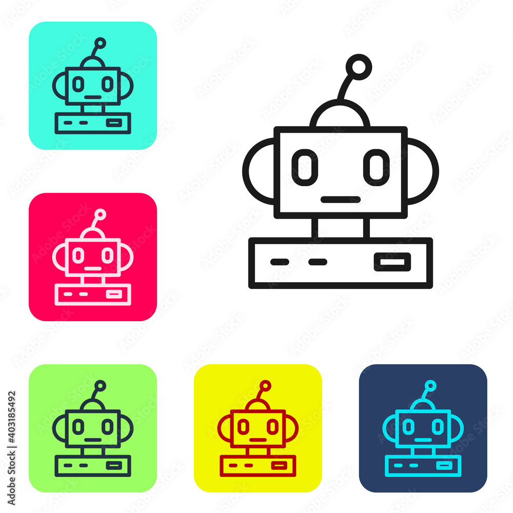 Black line Robot toy icon isolated on white background. Set icons in color square buttons. Vector. Black line Robot toy icon isolated on white background. Set icons in color square buttons. Vector.