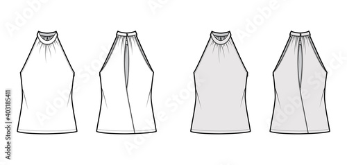 Top banded high neck halter tank technical fashion illustration with wrap, oversized, tunic length. Flat apparel outwear template front, back, white, grey color. Women men unisex CAD mockup