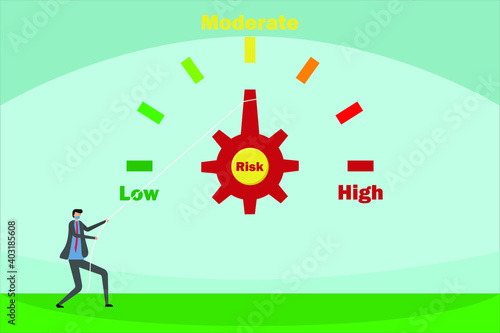 Businessman in face mask adjusting or minimizing business risk button