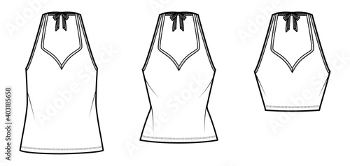 Set of Tanks halter sweetheart neck tops technical fashion illustration with bow, slim, oversized fit, waist, crop length. Flat apparel outwear template front white color. Women unisex CAD mockup