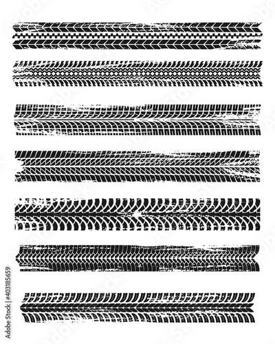 Tire prints, black car tyres track, isolated grunge vector marks. Bike race, vehicle, transportation dirty wheels trace. Rubber tires prints, automobile or bicycle drag. Monochrome graphic pattern set