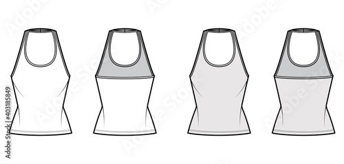 Tank halter scoop neck top technical fashion illustration with slim fit, tunic length. Flat apparel shirt outwear template front, back, white, grey color. Women men unisex CAD mockup