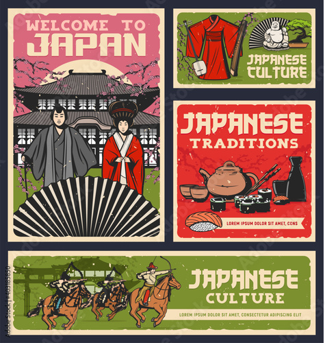 Japanese food, culture and religion traditions vector design of sushi rolls, geisha and samurai with kimono and fan. Pagoda, sakura, sake and tea set, bonsai, torii gate and yabusame archery