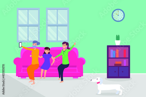 Fototapeta Naklejka Na Ścianę i Meble -  Three generations family in new normal vector concept: Three generations family take selfie picture on the sofa together while wearing face mask