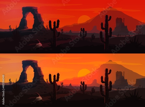 USA desert landscape vector backgrounds with Arizona or Western nature. Mexican saguaro cactuses and Wild West mountains, sunset and sunrise suns, rock and sand roads, bull skulls, red sky and clouds
