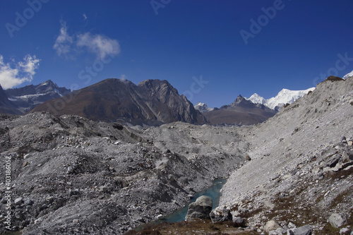 Ngozumpa glacier (longest Himalayan glacier). Stone covered glacier.