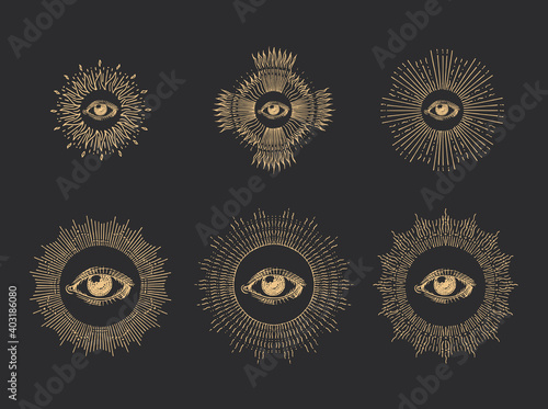 All seeing eye with sunburst,hand drawn images set