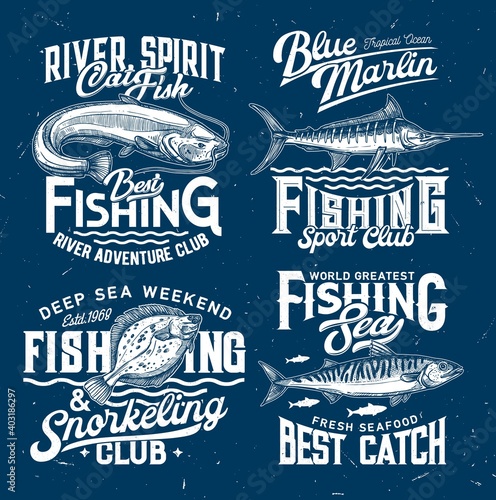 Fishing club icons, sport t-shirt print templates, fishes and sea water waves, vector blue mockups. Ocean snorkeling and fishing signs with marlin, flounder, mackerel and catfish for t shirt print