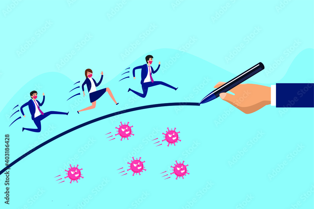 Business help vector concept: Business people run together on the bridge line above corona virus with helping hand while wearing face mask Business help vector concept: Business people run together on the bridge line above corona virus with helping hand while wearing face mask