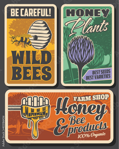 Beekeeping farm and honey production retro posters. Bees hive or nest, clover flowers and tree, wooden dipper with dipping fresh honey vector. Wild bees danger beware warning, plants seeds shop banner