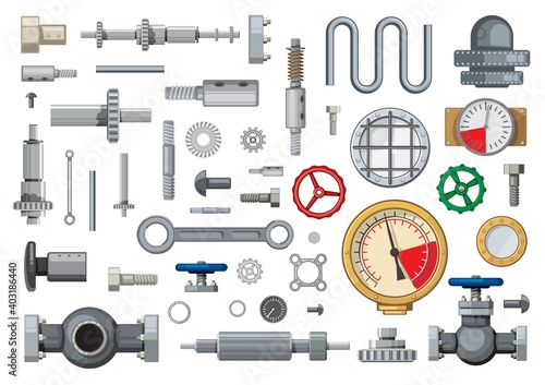 Mechanisms spare parts and engineering industry elements cartoon vector set. Worm, bevel, and helical gears, pipeline gate valves, piston pin and pressure gauges, hydraulic cylinder, bolts and gaskets