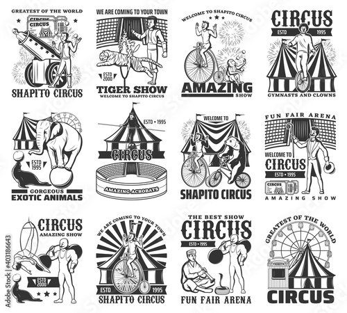 Big Top tent circus performances engraved vector icon set. Tiger tamer and snake charmer, magician, clown, strongman and unicyclist, aerial hoop acrobat and tightrope walker. Chapiteau circus show