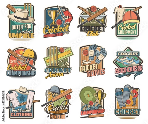 Cricket game vector icons, field and sports equipment and stadium. Cricket ball, bat and player uniform helmet, gloves and shoes with green lawn. Sport club and championship match retro emblems set