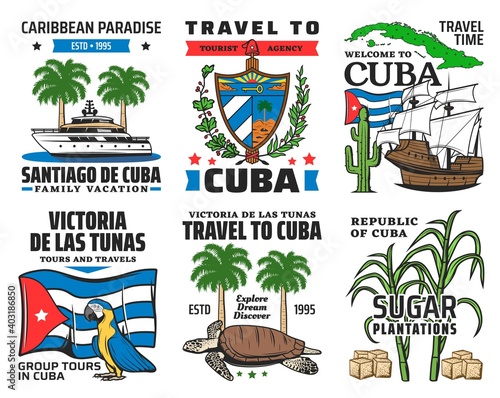 Cuba tourist travel, caribbean paradise family vacation icons. Yacht and royal palm, cuban coat of arms and national flag, macaw parrot, sea turtle, sugarcane and Christopher Columbus ship vector